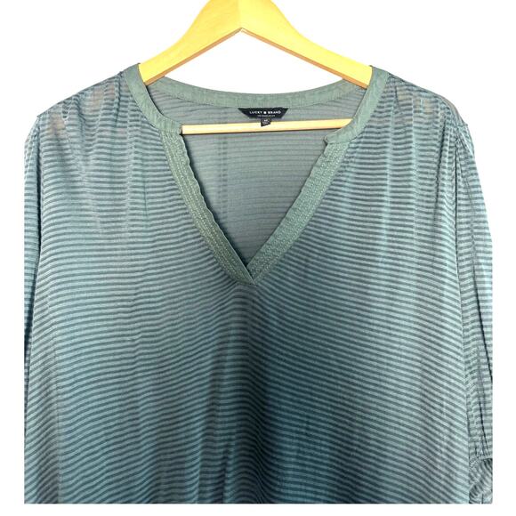 Lucky Brand Green Striped V-Neck Top Women’s Size Large Tie Sleeve - Picture 2 of 7